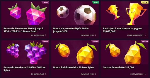 Découvrez toutes les promotions disponibles : bonus de bienvenue jusqu’à $750, bonus dépôt, free spins, tournois et plus Offres de bonus casino et sport – bienvenue, dépôt, tournois et tours gratuits
